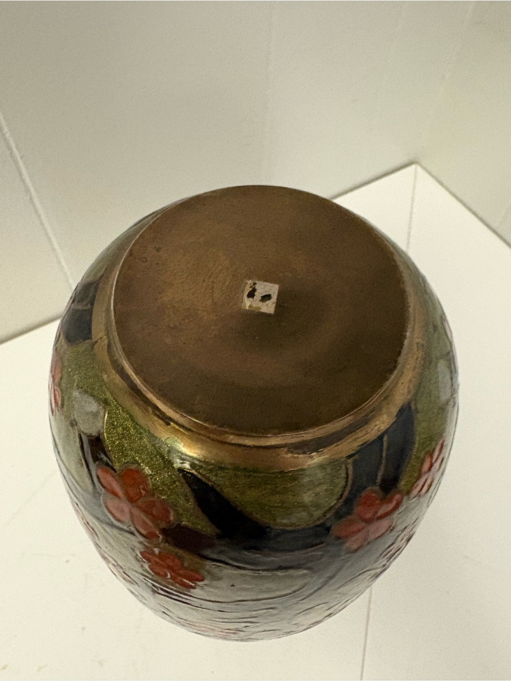 Vintage Heavy Brass Vase with Handpainted Flower Design 9” Tall GVC - Picture 5 of 5